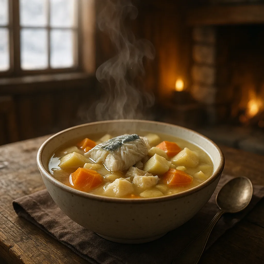 Enjoy an online jigsaw puzzle designed for browser play, featuring a cozy food scene of a steaming bowl of hearty fish stew.
