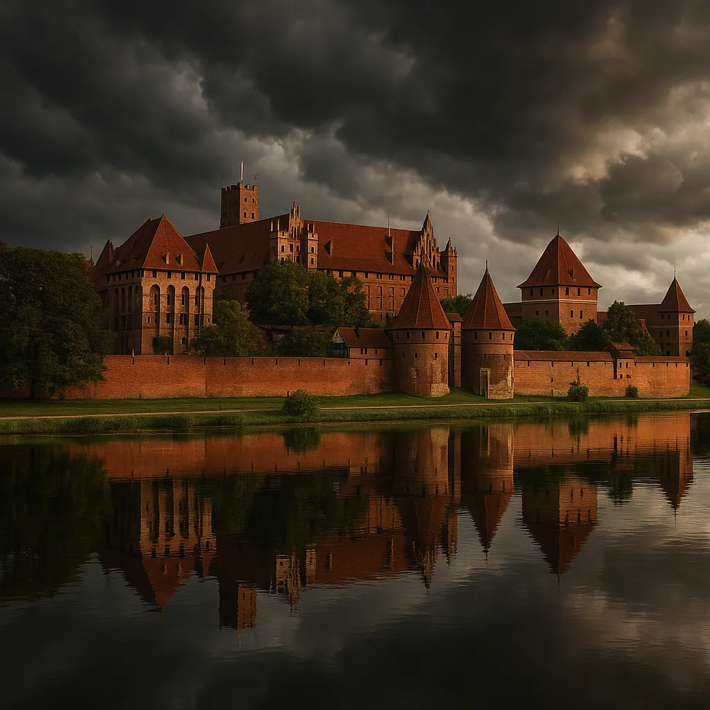 Enjoy an online jigsaw puzzle designed for browser play, featuring a dramatic historic castle set beside a reflective river.