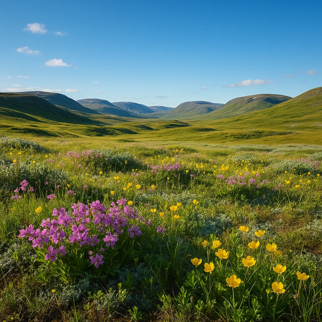 Enjoy an online jigsaw puzzle designed for browser play, featuring a tranquil wildflower meadow and sweeping green hills under a clear blue sky.