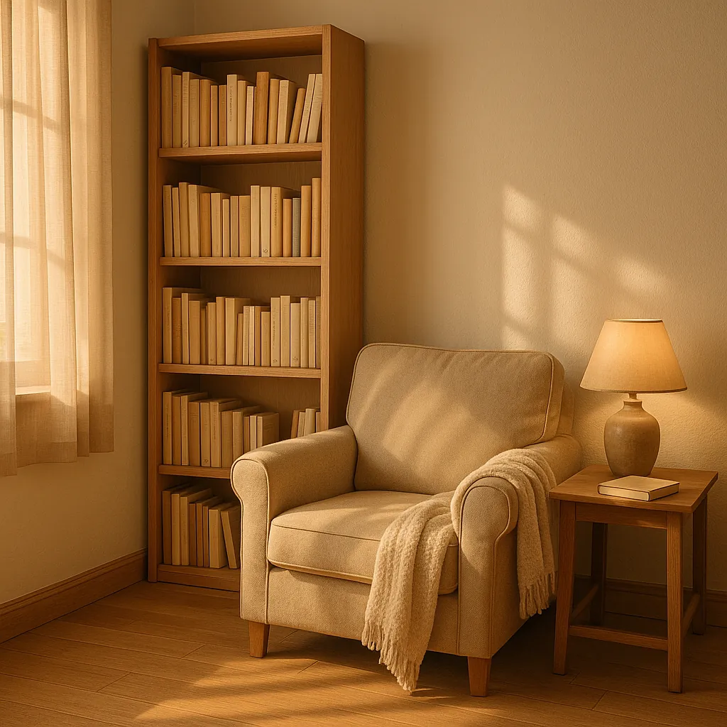 Enjoy an online jigsaw puzzle designed for browser play, featuring a warm, cozy interior scene centered on a reading nook.