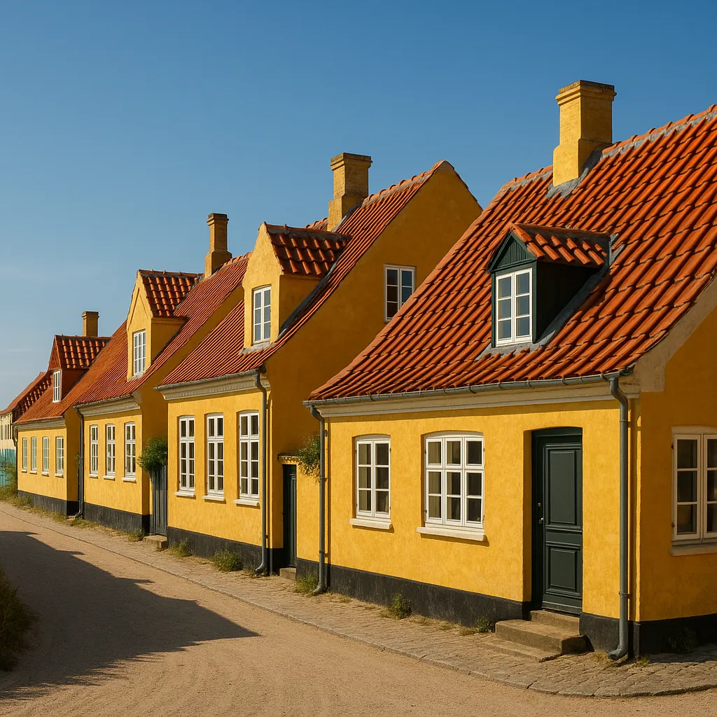 This online jigsaw puzzle features a sunlit row of charming yellow houses with red tiled roofs, perfect for lovers of architecture and peaceful streetscapes.