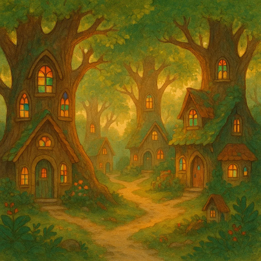 This online jigsaw puzzle features a whimsical forest village of tree houses, perfect for lovers of nature and gentle fantasy scenes.