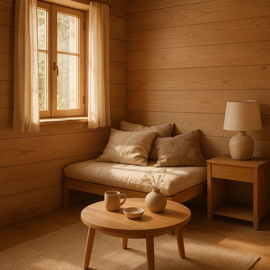 This online jigsaw puzzle features a warm, minimalist cabin interior captured in soft, natural tones — perfect for lovers of home and lifestyle scenes.
