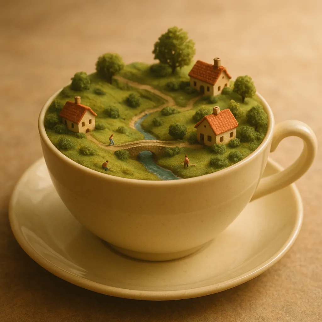 Enjoy an online jigsaw puzzle designed for browser play, featuring a whimsical miniature landscape nestled inside a teacup — a charming blend of art, nature, an