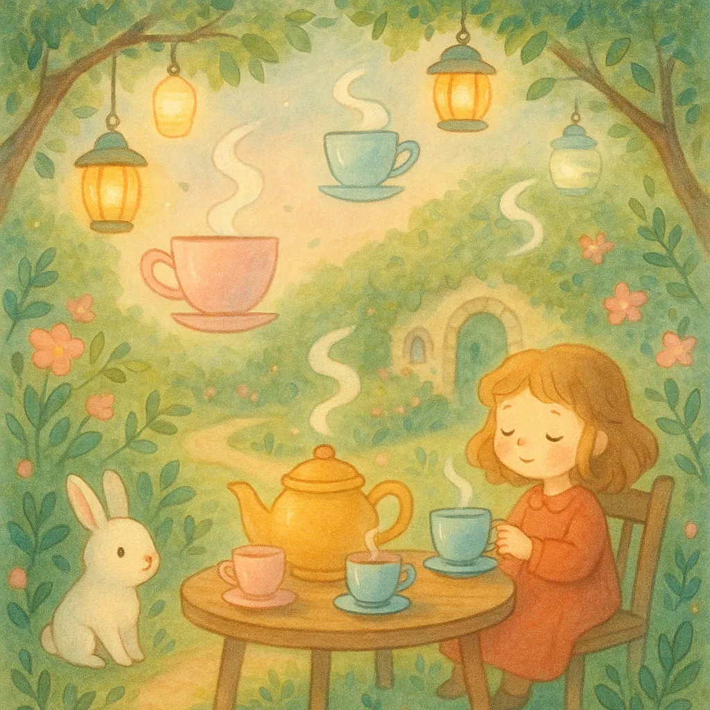 Enjoy an online jigsaw puzzle designed for browser play, featuring a whimsical tea party in nature with a cozy child, a white rabbit, and floating teacups.