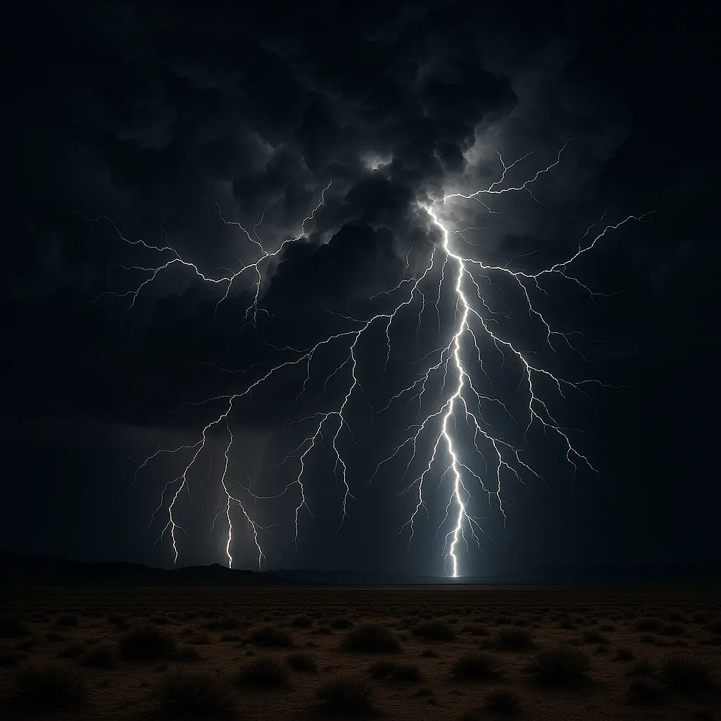 Enjoy an online jigsaw puzzle designed for browser play, featuring a dramatic nighttime thunderstorm with brilliant forked lightning slicing through heavy storm