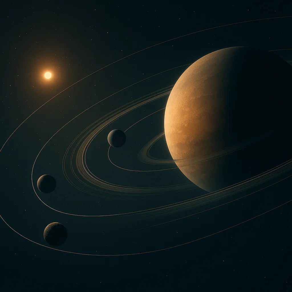 Enjoy an online jigsaw puzzle designed for browser play, featuring a serene space scene of a ringed planet and its orbiting moons.