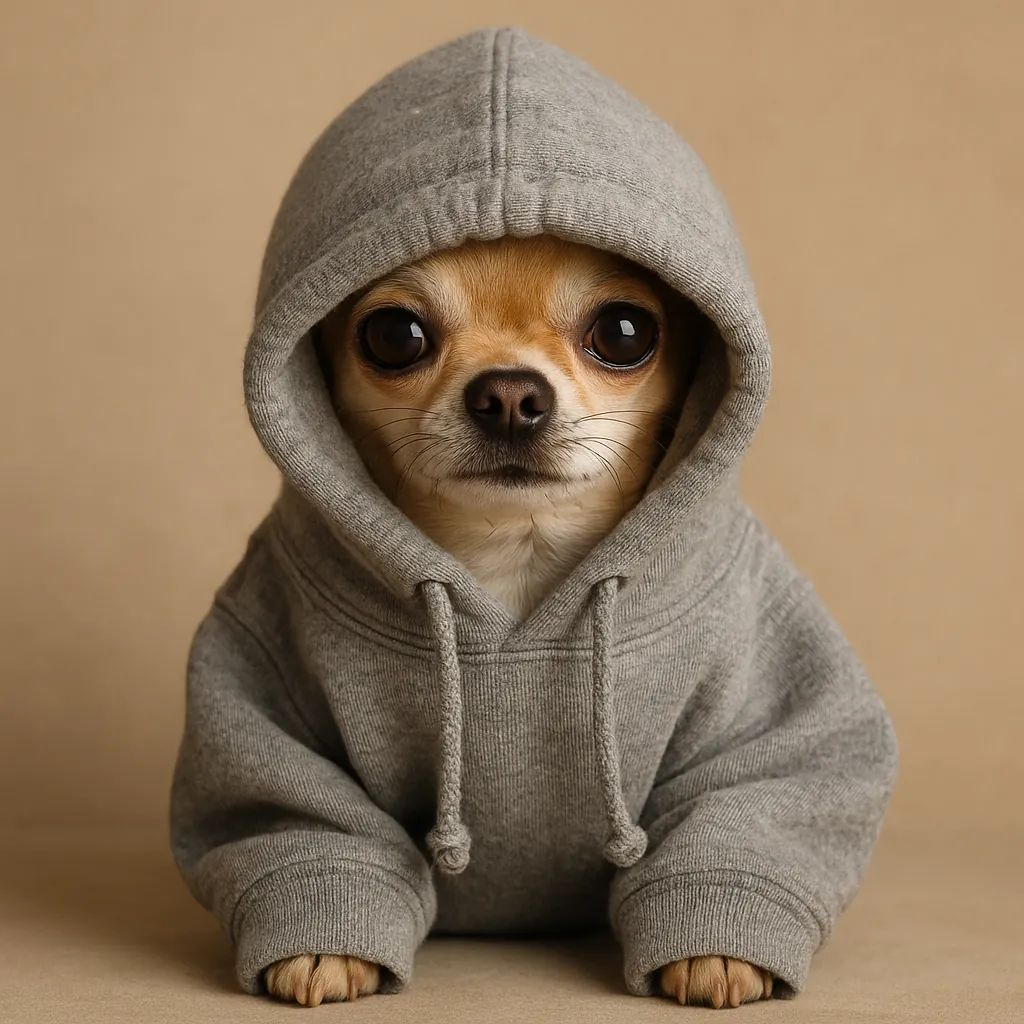 Enjoy an online jigsaw puzzle designed for browser play, featuring a charming pet portrait of a small dog in a hoodie.