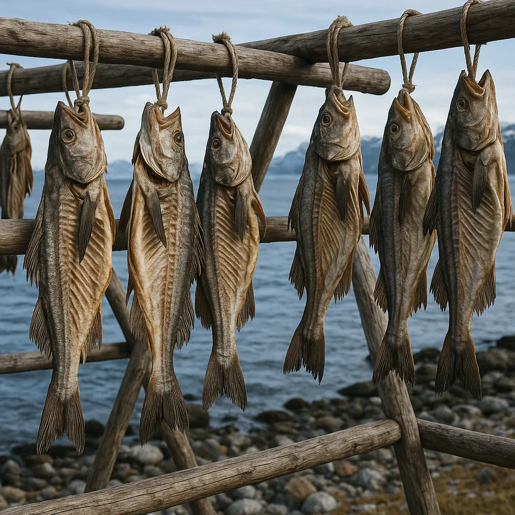 Enjoy an online jigsaw puzzle designed for browser play, featuring a rustic coastal scene of air-dried fish hanging on wooden racks.