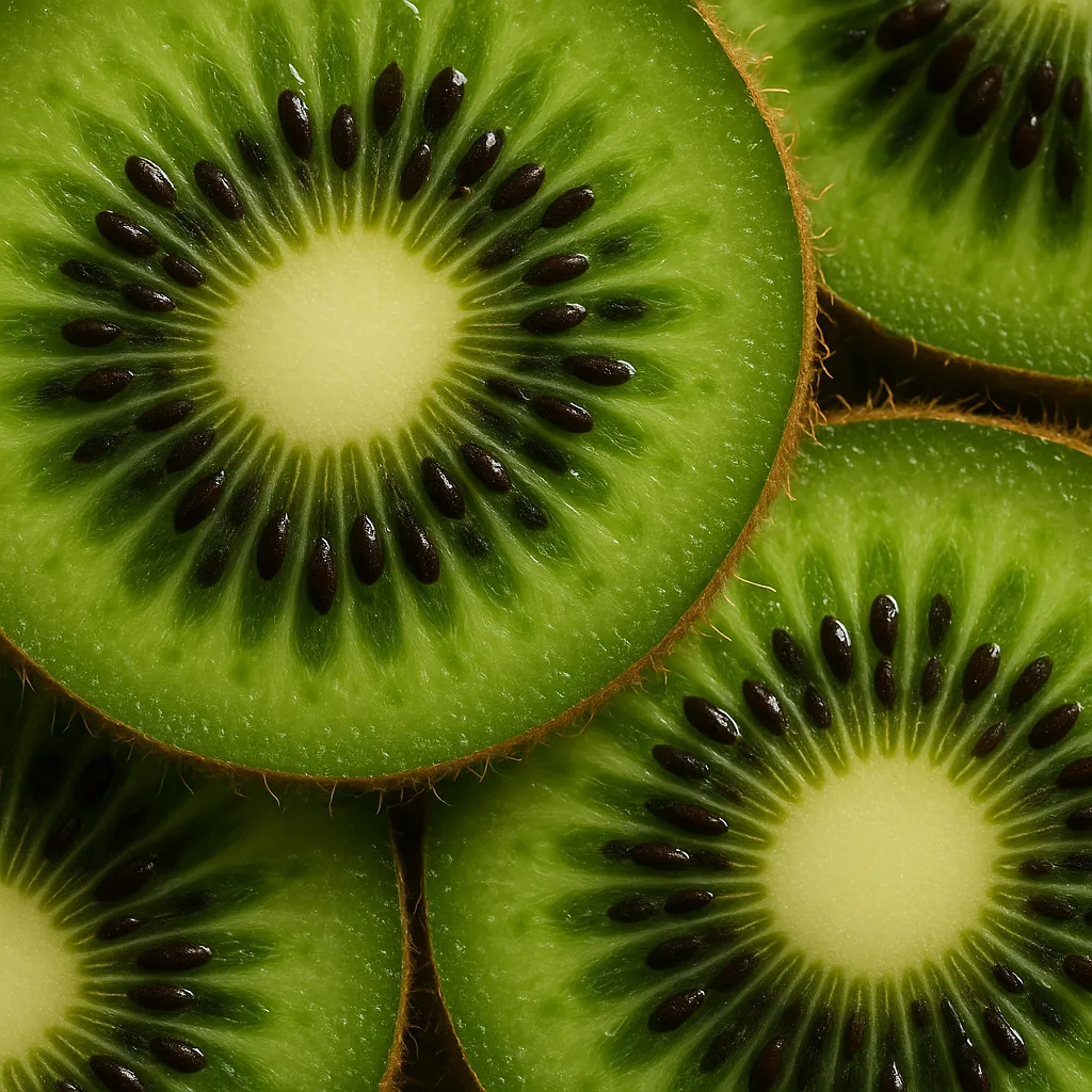 Enjoy an online jigsaw puzzle designed for browser play, featuring a close-up food image of sliced kiwifruit bursting with vibrant green color.