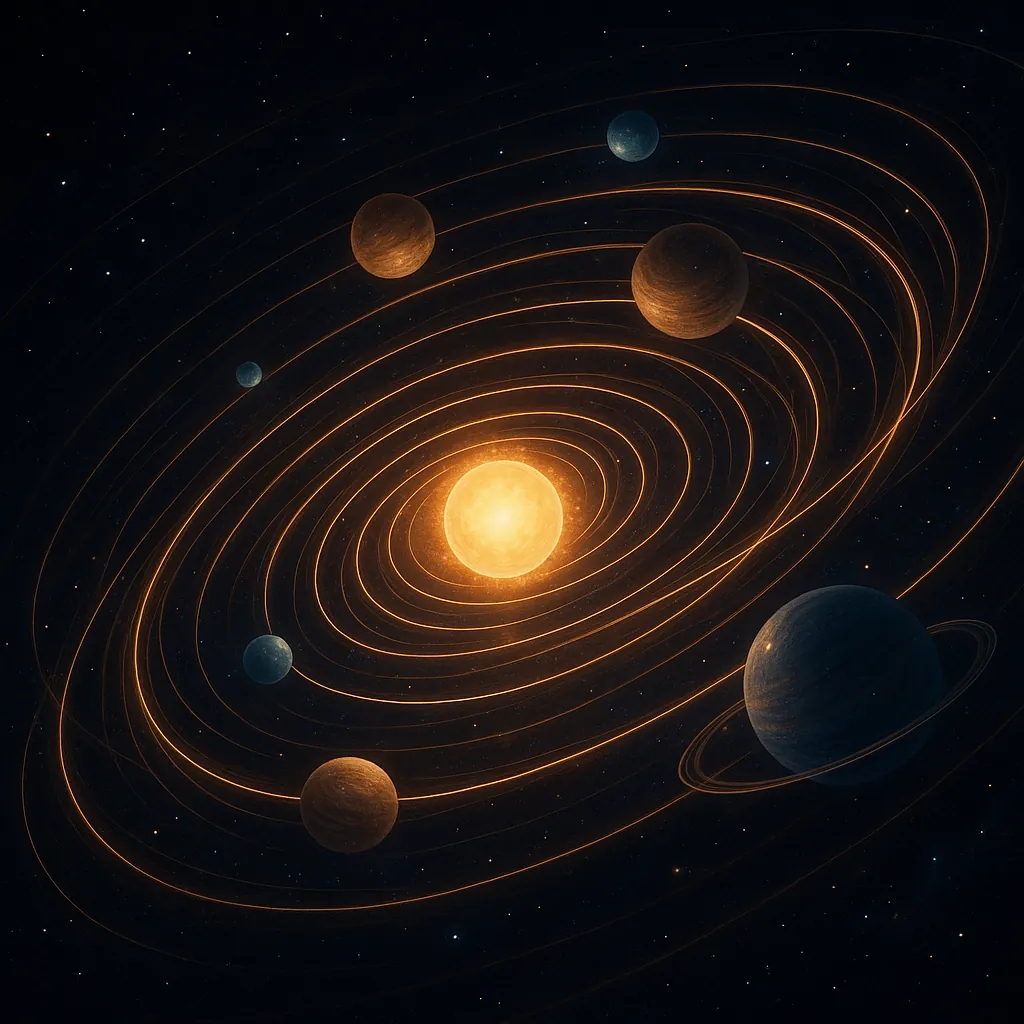Enjoy an online jigsaw puzzle designed for browser play, featuring a stylized space scene of a glowing star and its orbiting planets.