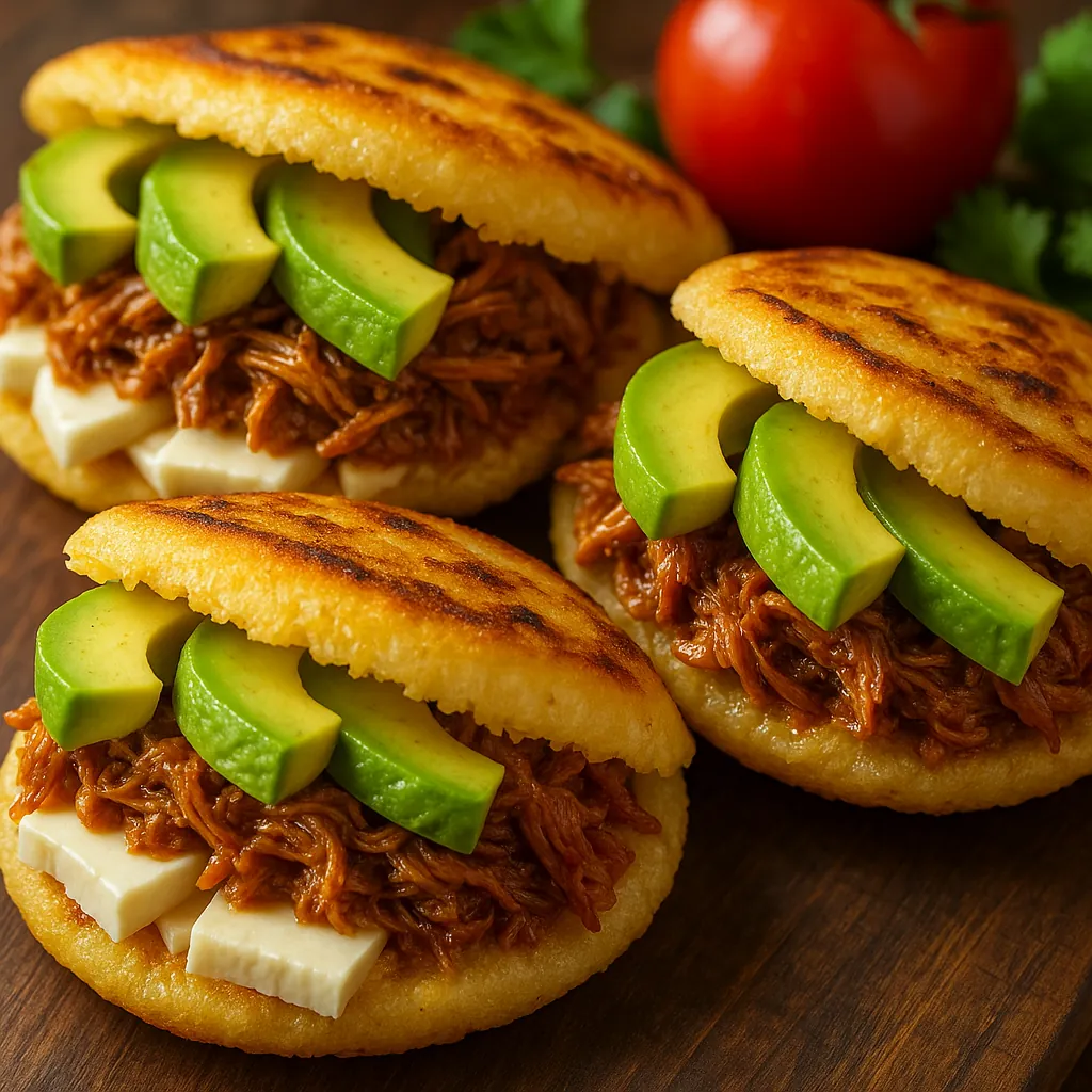 Enjoy an online jigsaw puzzle designed for browser play, featuring a close-up food scene of golden arepas filled with shredded meat, creamy avocado, and white c