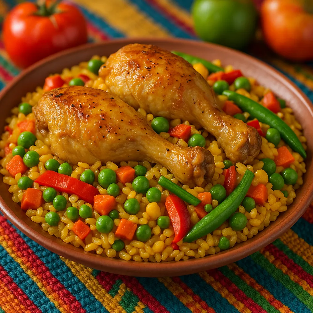 Enjoy an online jigsaw puzzle designed for browser play, featuring a vibrant food scene of roasted chicken drumsticks atop a colorful bed of rice and vegetables