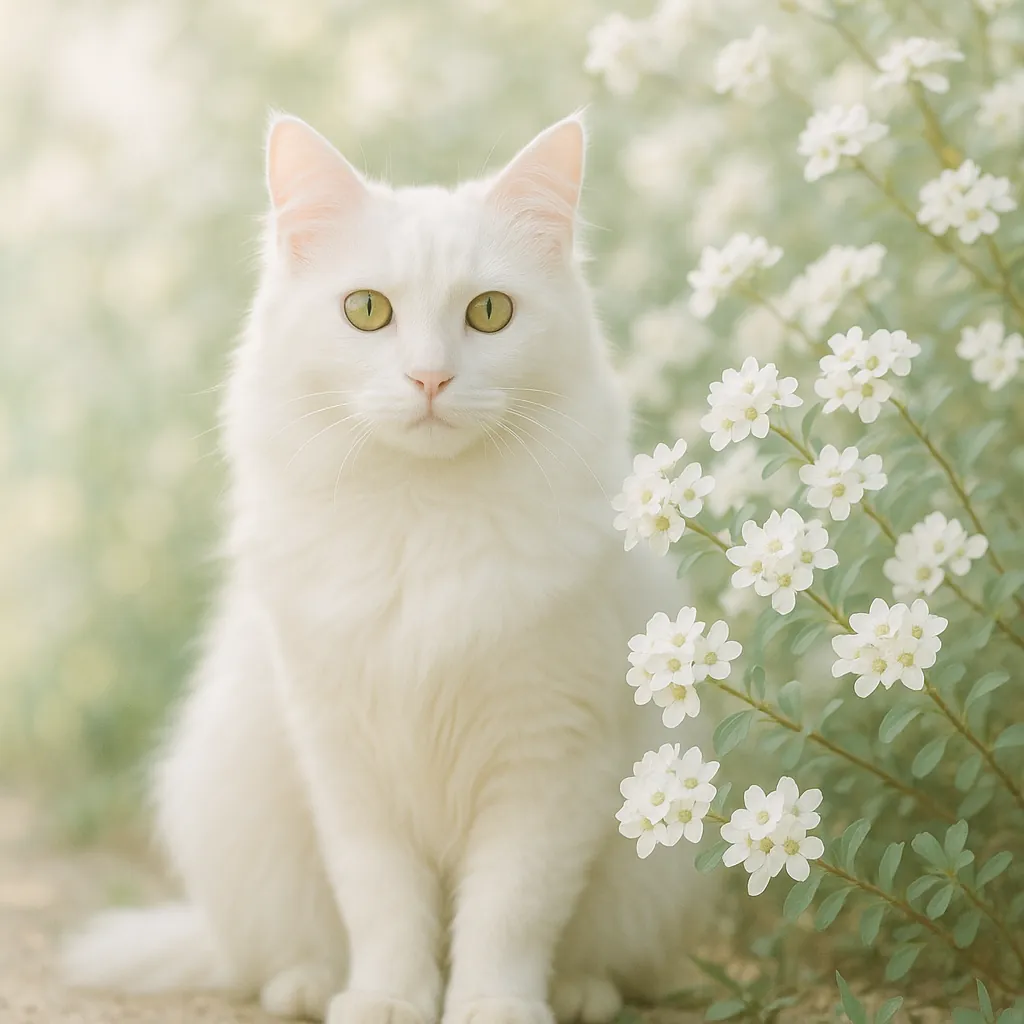 This online jigsaw puzzle features a serene scene of a fluffy white cat set among delicate white blossoms, a gentle blend of animals and nature for browser play