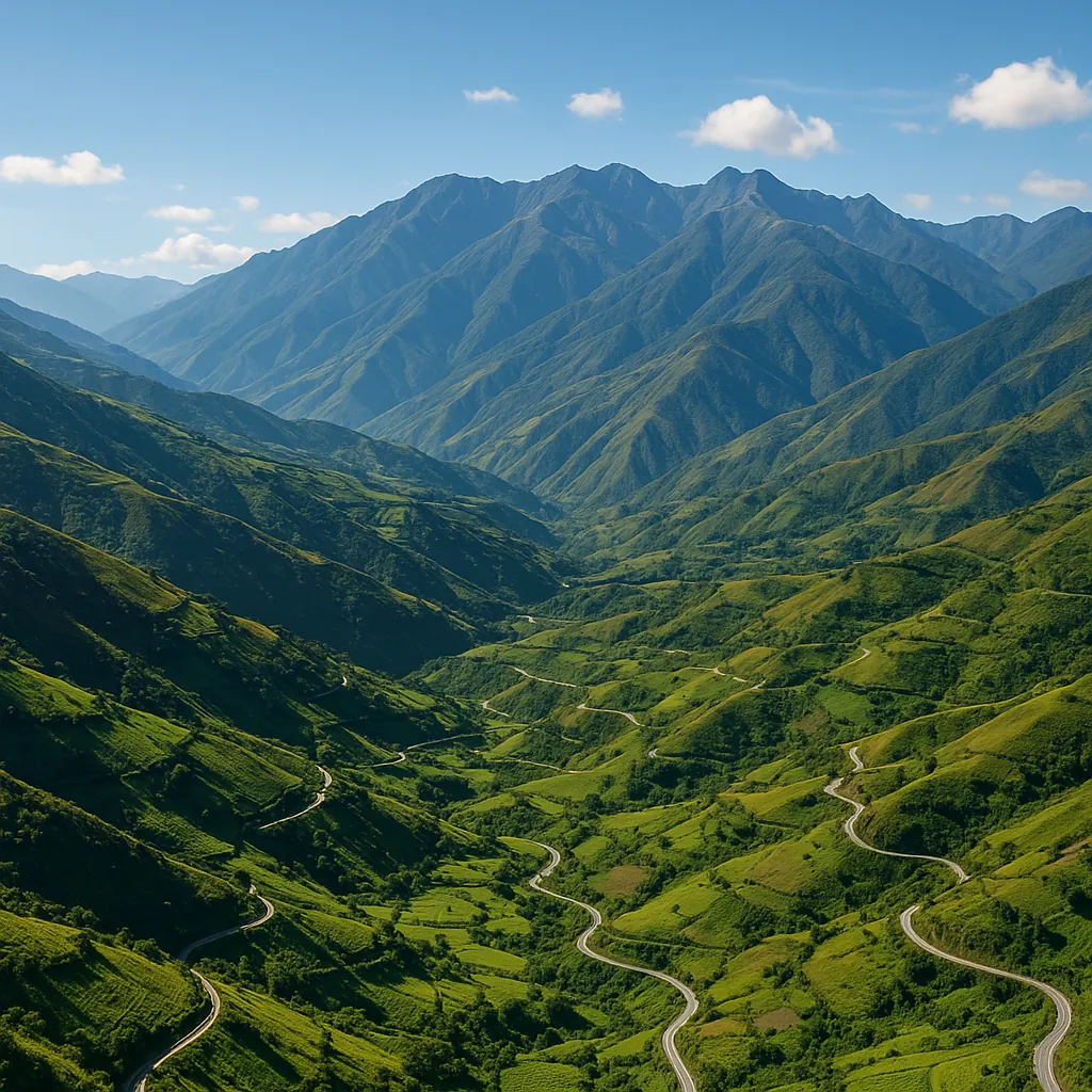 Enjoy an online jigsaw puzzle designed for browser play, featuring a sweeping mountain landscape with winding roads that draw the eye through lush valleys.