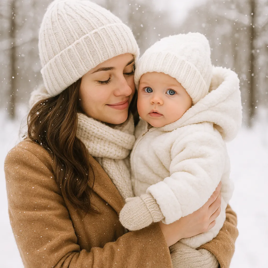 This online jigsaw puzzle features a tender winter scene of a mother holding her baby, perfect for fans of family and seasonal imagery.