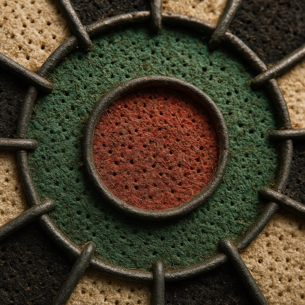 Enjoy an online jigsaw puzzle designed for browser play, featuring a close-up still life of textured circular patterns and metal rings that evoke a vintage, tac