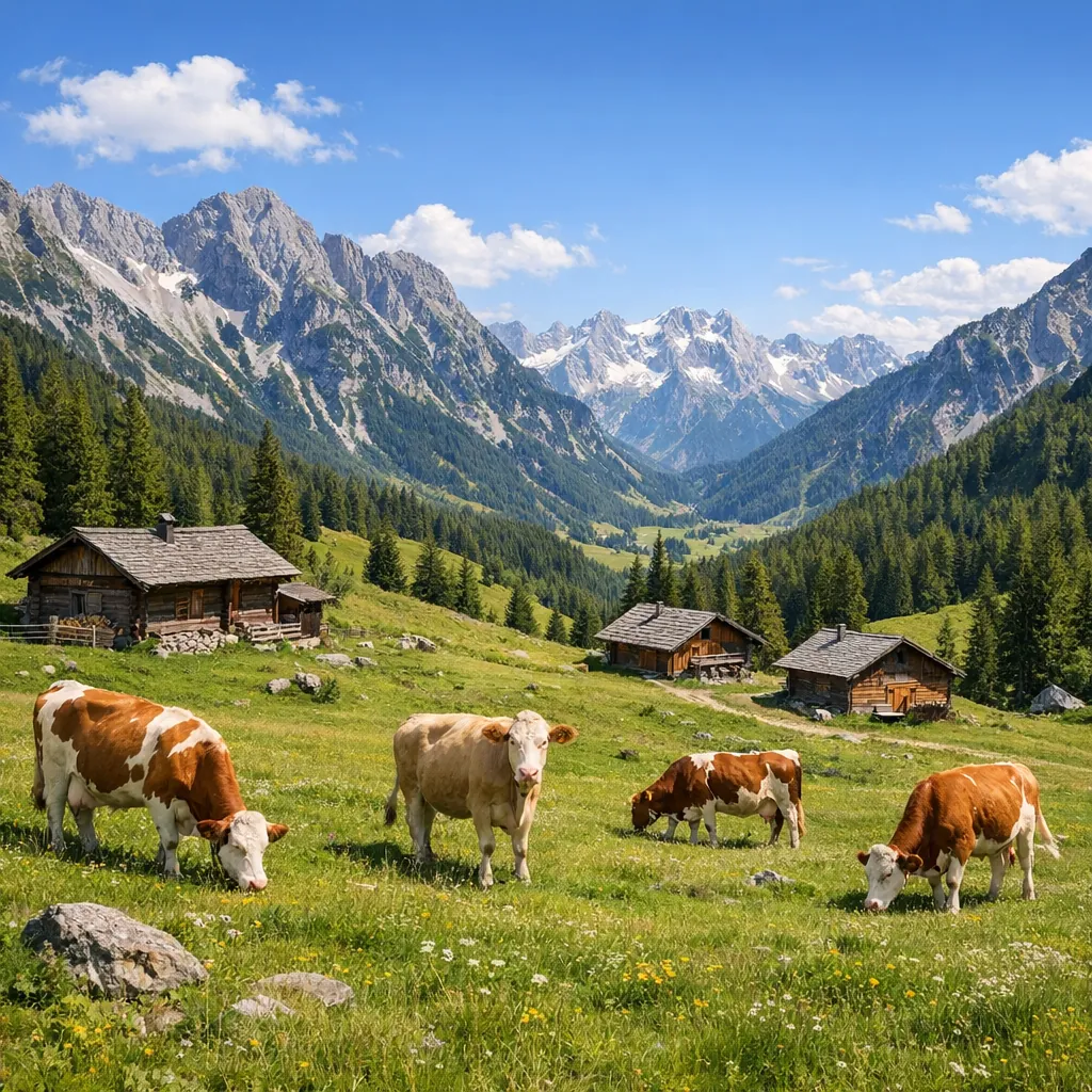 Enjoy an online jigsaw puzzle designed for browser play, featuring a serene alpine countryside scene full of nature and rustic charm.