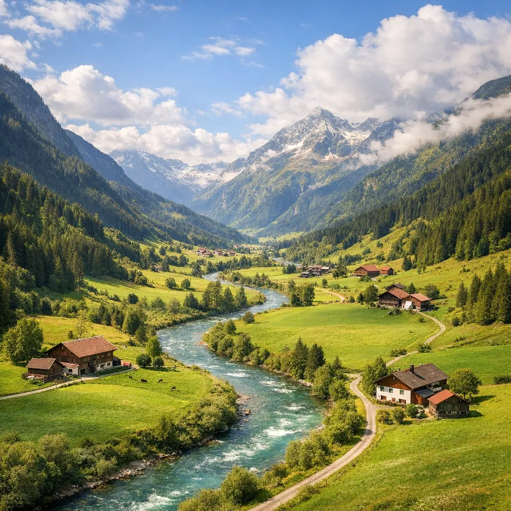 Enjoy an online jigsaw puzzle designed for browser play, featuring a serene mountain valley scene that celebrates nature and countryside charm.
