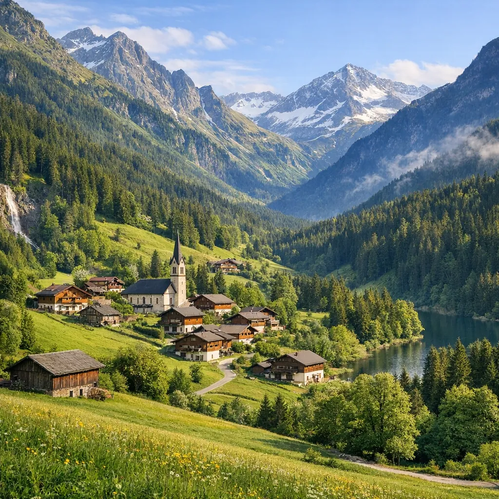 Enjoy an online jigsaw puzzle designed for browser play, featuring a peaceful alpine village nestled in lush mountain nature.