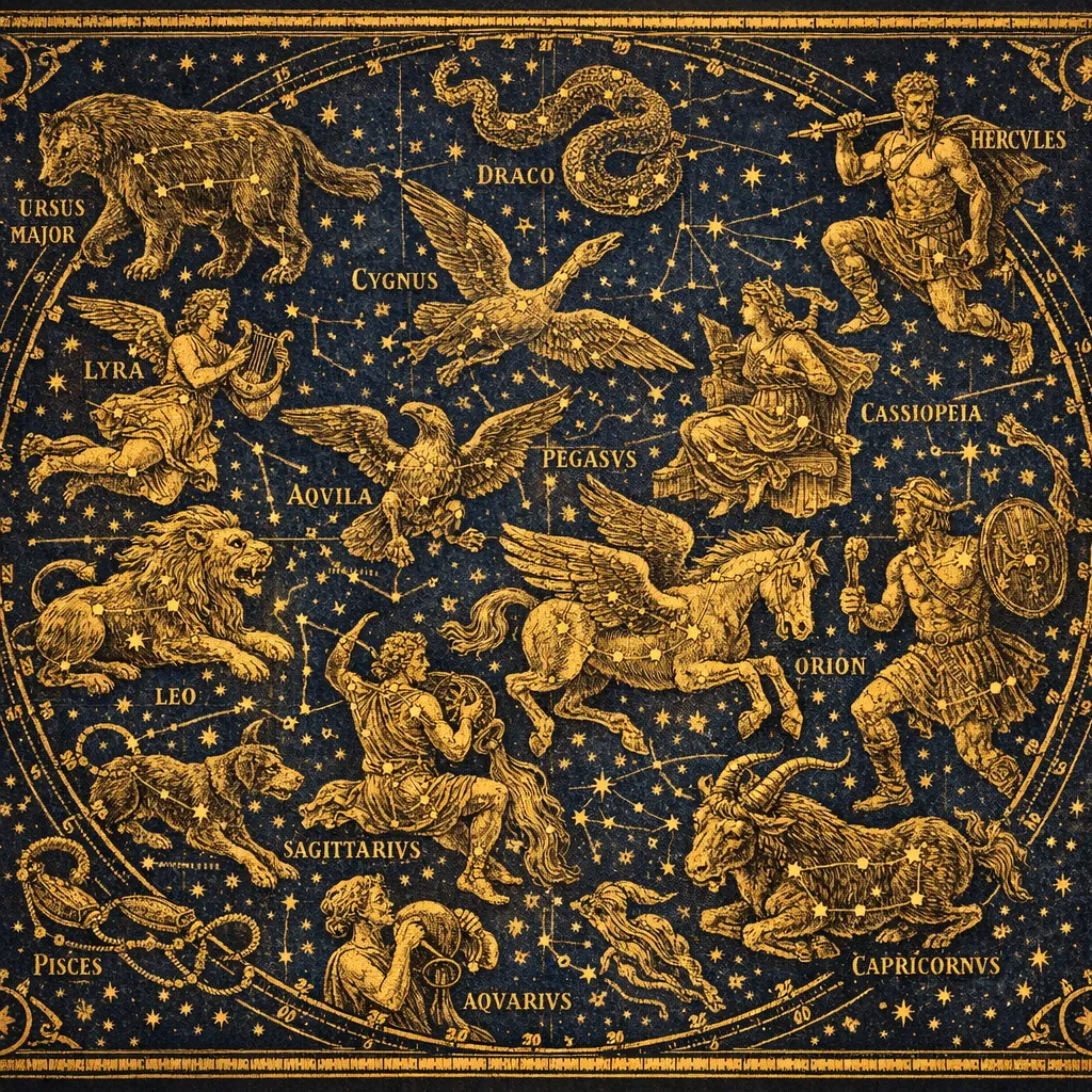 This online jigsaw puzzle features a vintage celestial map of constellations, perfect for fans of astronomy, mythology, and starry skies.