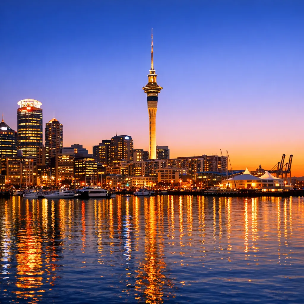 Enjoy an online jigsaw puzzle designed for browser play, featuring a tranquil city harbor at dusk with a striking skyline reflected in the water.