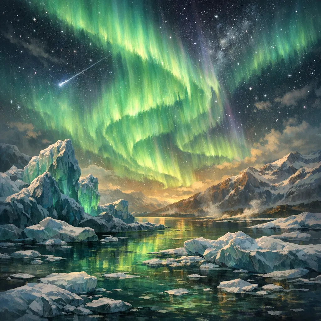 Enjoy an online jigsaw puzzle designed for browser play, featuring the luminous northern lights dancing over a dramatic, frozen landscape.