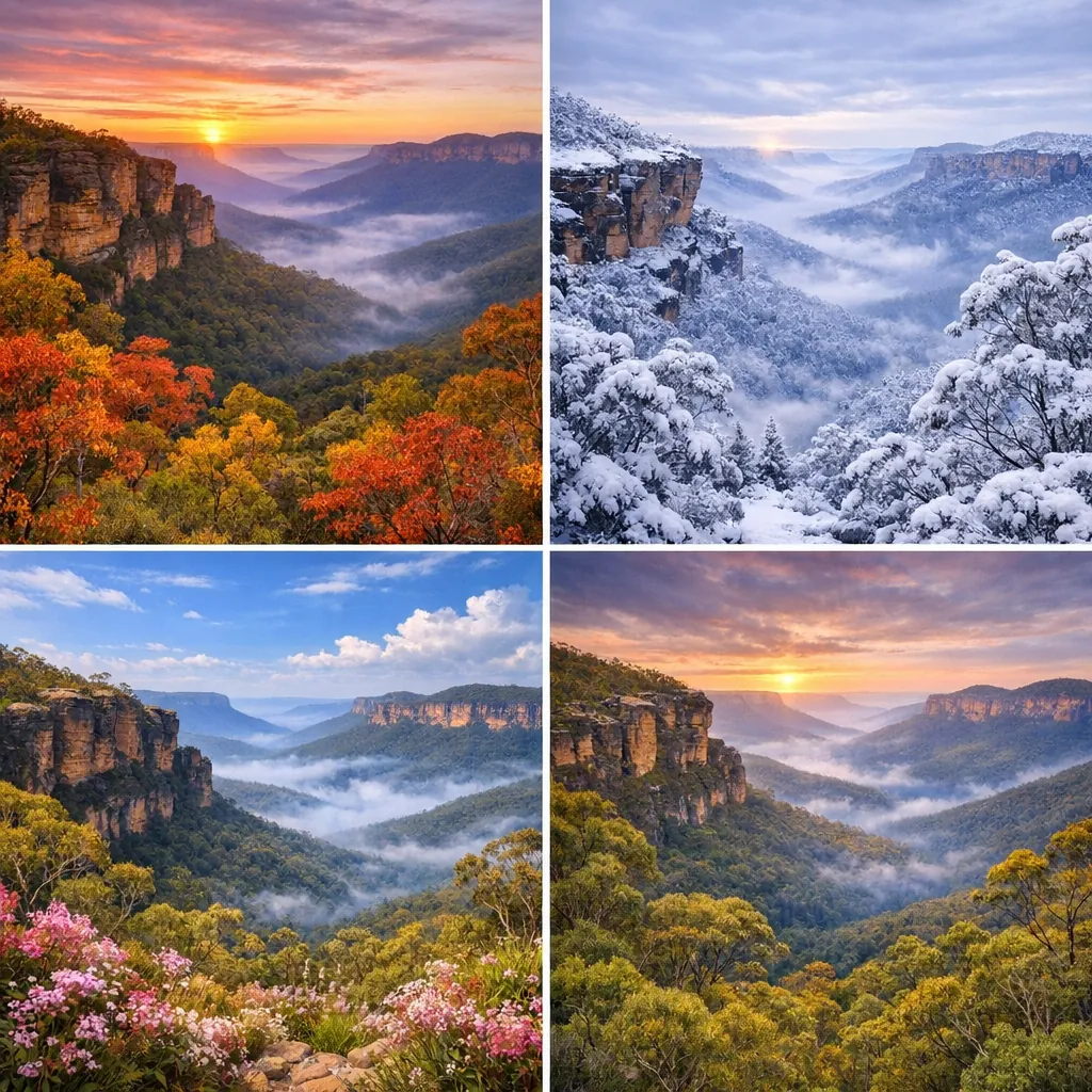Enjoy an online jigsaw puzzle designed for browser play, featuring a breathtaking nature scene that contrasts four seasonal views of the same mountain valley.