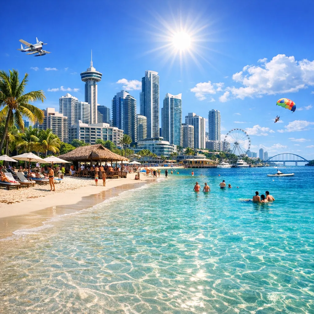 Enjoy an online jigsaw puzzle designed for browser play, featuring a vibrant coastal cityscape where beach life meets a shimmering skyline.