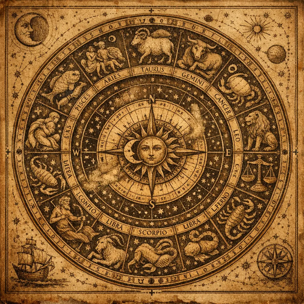 This online jigsaw puzzle features a vintage zodiac wheel and celestial map, perfect for fans of astrology and antique art.