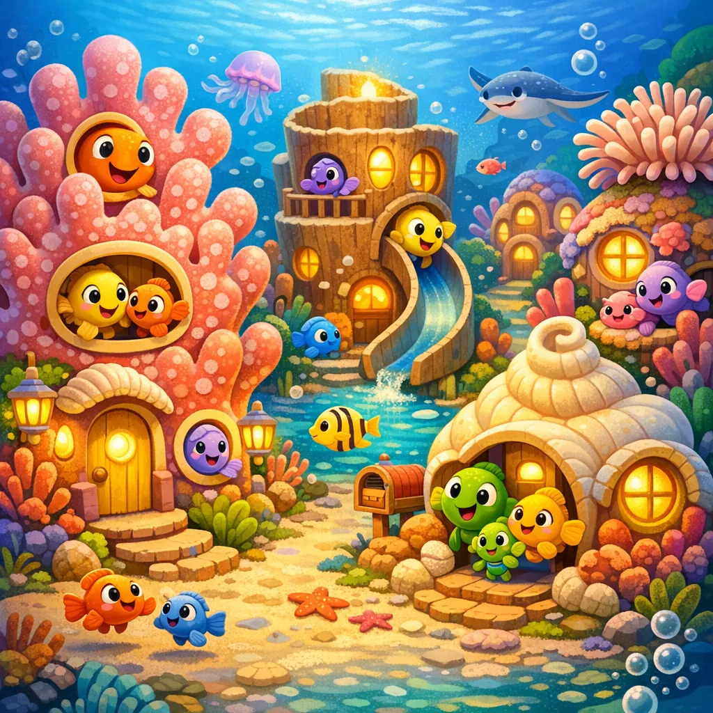 Enjoy an online jigsaw puzzle designed for browser play, featuring a cheerful underwater village full of colorful sea creatures.
