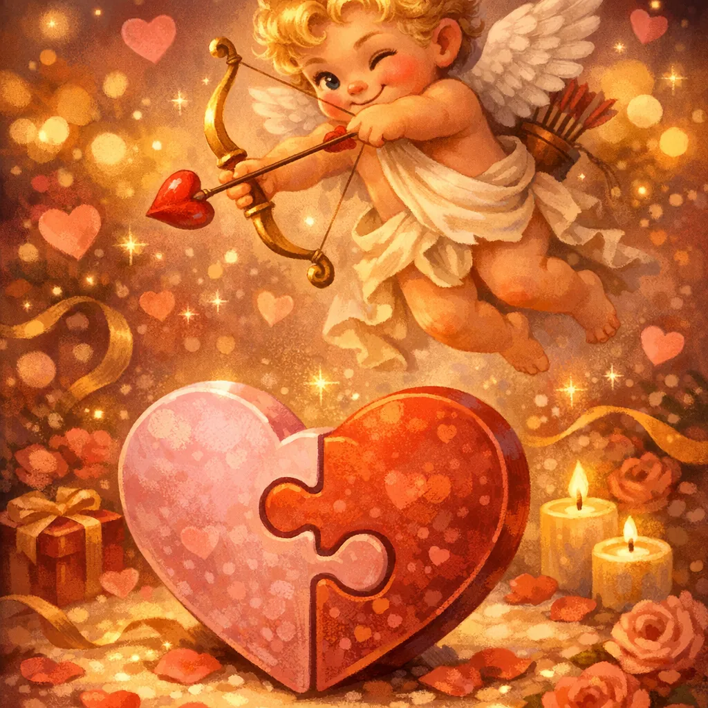 Enjoy an online jigsaw puzzle designed for browser play, featuring a romantic, Valentine-themed illustration of love and whimsy.