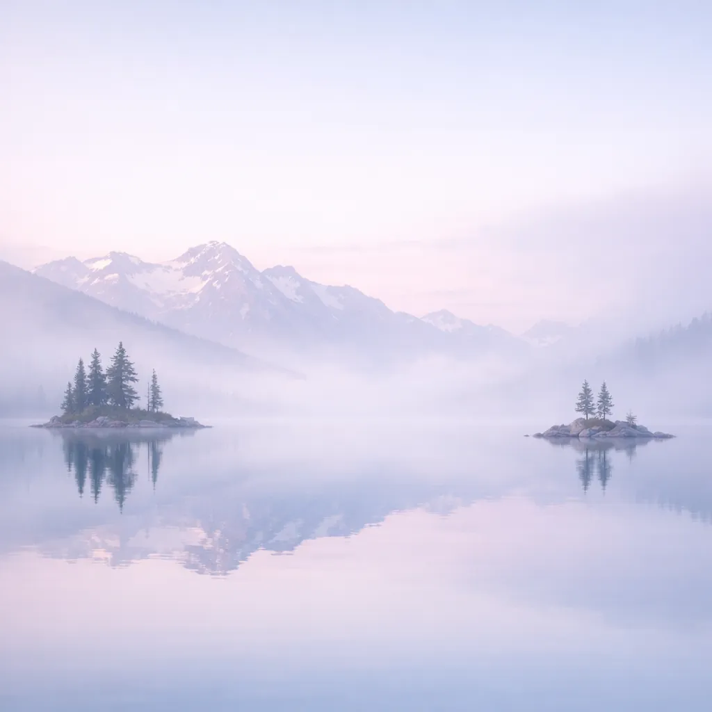 Enjoy an online jigsaw puzzle designed for browser play, featuring a serene nature scene of misty mountains and calm water.