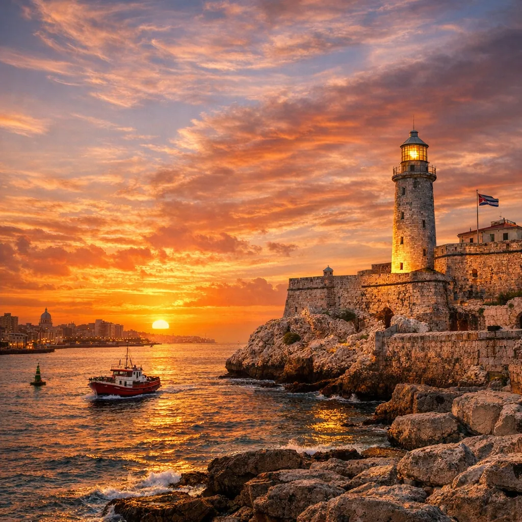 Enjoy an online jigsaw puzzle designed for browser play, featuring a glowing lighthouse standing over a rocky coastline at sunset.