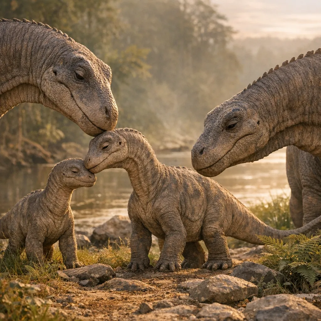 Enjoy an online jigsaw puzzle designed for browser play, featuring a tender family of dinosaurs set in a natural riverside scene — a gentle mix of animals and n