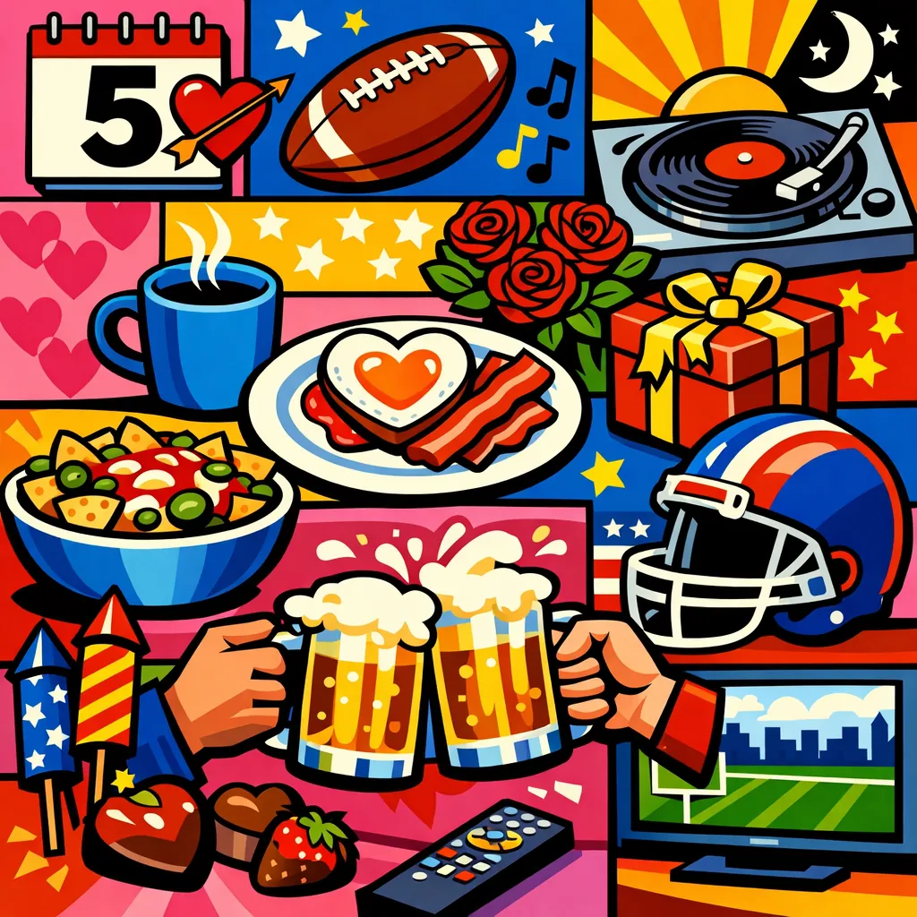 This online jigsaw puzzle features a vibrant pop‑art collage celebrating food, festivities, and game‑day fun.