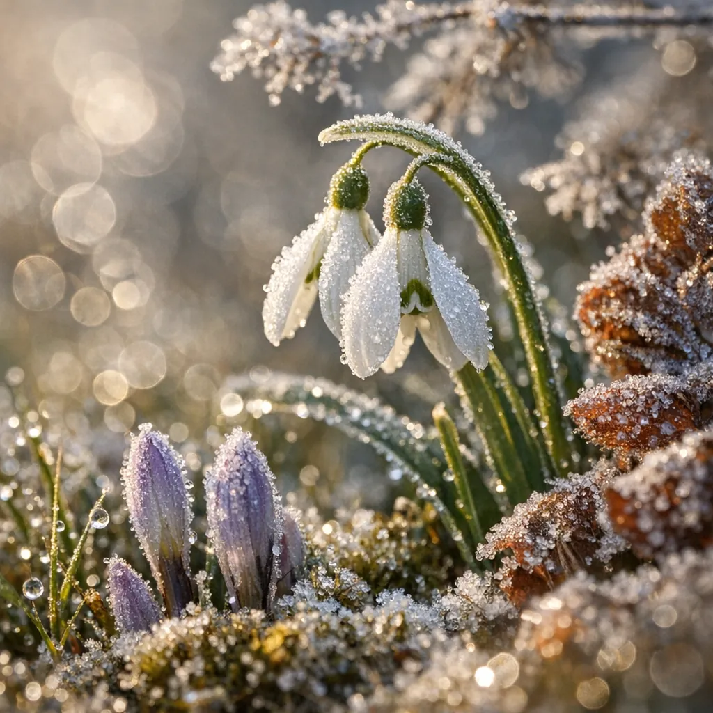 This online jigsaw puzzle features a delicate nature scene of frost-kissed spring flowers that you can play right in your browser.