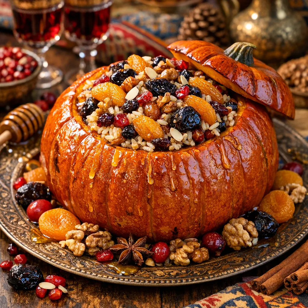 This online jigsaw puzzle features a sumptuous food scene centered on a roasted pumpkin filled with dried fruits and nuts.