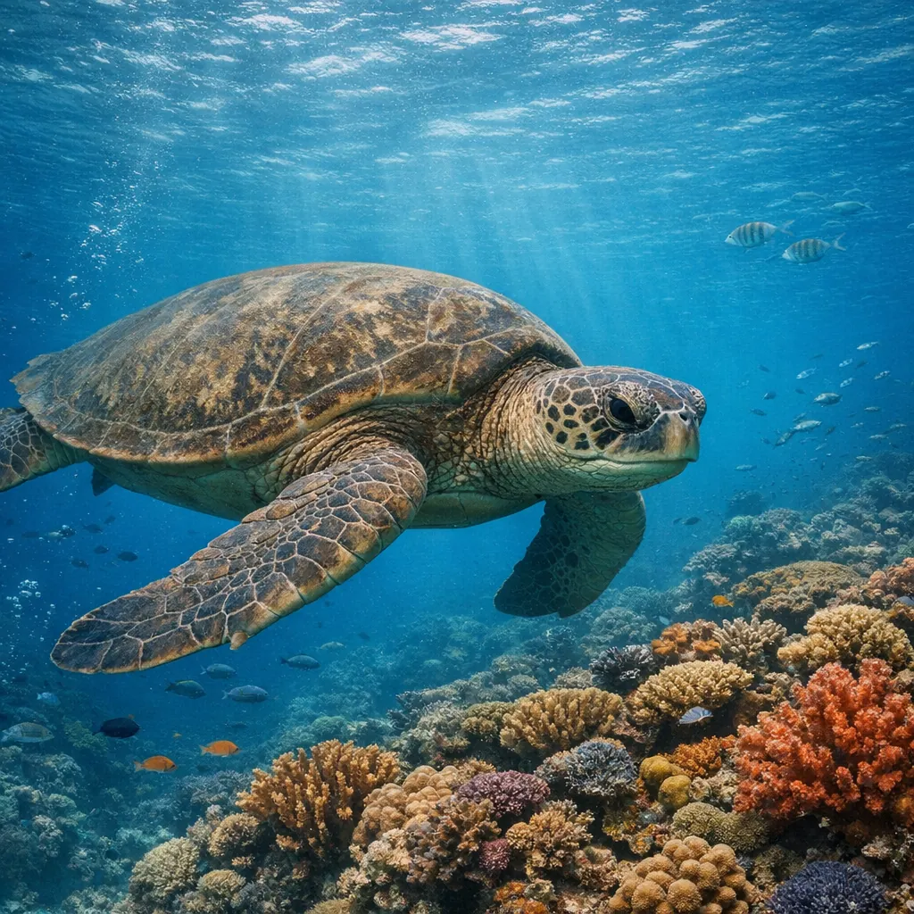 Enjoy an online jigsaw puzzle designed for browser play, featuring a graceful sea turtle gliding over a vibrant coral reef — a soothing underwater nature scene.