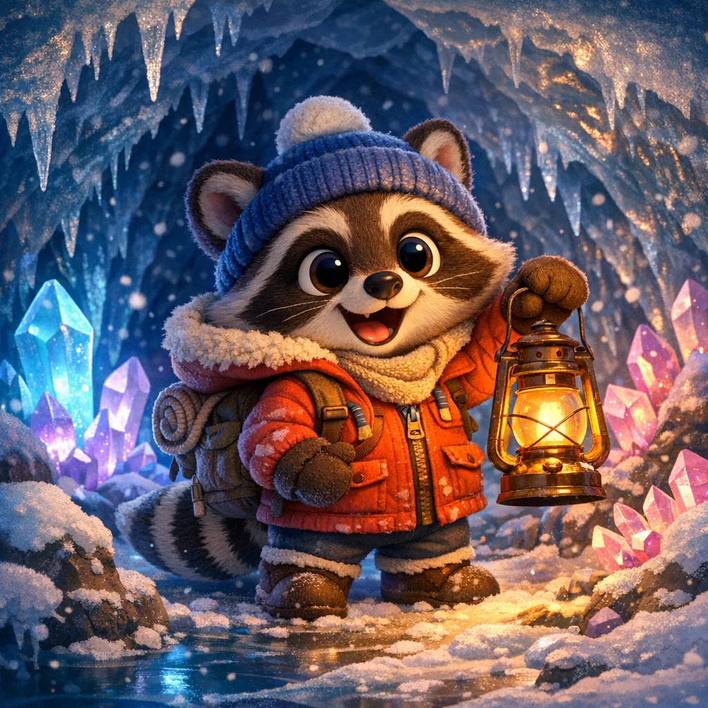 Enjoy an online jigsaw puzzle designed for browser play, featuring a charming winter animal scene centered on an adorable raccoon explorer.