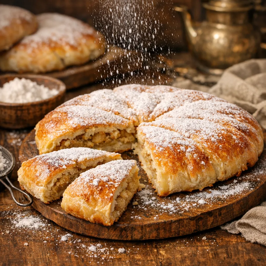 This online jigsaw puzzle features a rustic baked pastry dusted with powdered sugar, perfect for food and baking lovers to enjoy in the browser.
