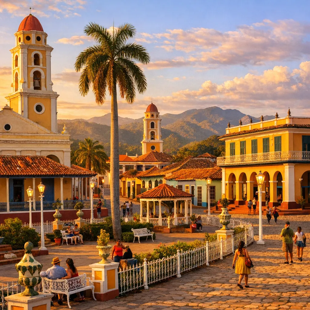 Play an online jigsaw puzzle in your browser that shows a sunlit colonial town square full of colorful buildings, church towers, and palm trees — a delightful s