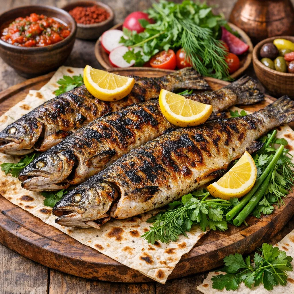 Enjoy an online jigsaw puzzle designed for browser play, featuring a mouthwatering food scene of grilled whole fish served on a rustic wooden board.