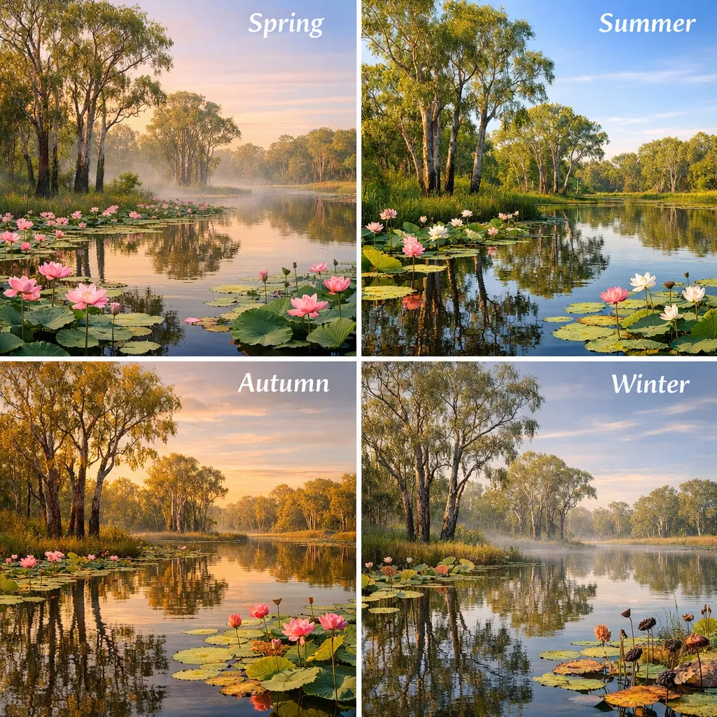 Enjoy an online jigsaw puzzle designed for browser play, featuring a serene nature scene that celebrates the four seasons.
