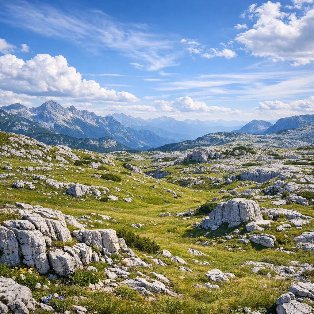Enjoy an online jigsaw puzzle designed for browser play, featuring a sweeping mountain landscape and alpine meadow.