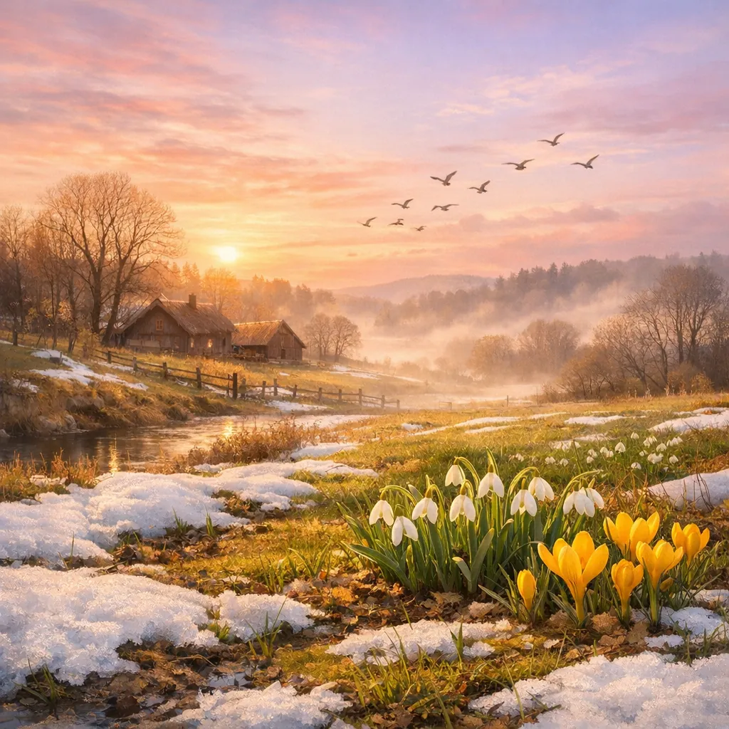Enjoy an online jigsaw puzzle designed for browser play, featuring a tranquil countryside nature scene that celebrates the first blooms of spring.