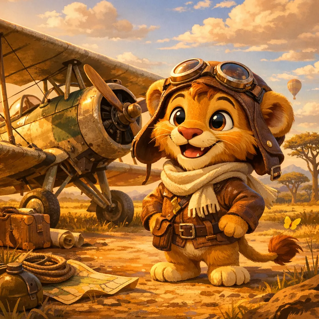 Enjoy an online jigsaw puzzle designed for browser play, featuring an adorable young lion pilot and a vintage biplane in a sunlit savanna.
