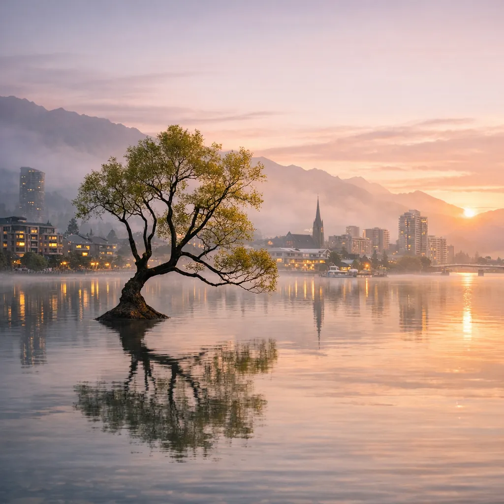 Enjoy an online jigsaw puzzle designed for browser play, featuring a serene lakeside scene that blends nature with a quaint city skyline.