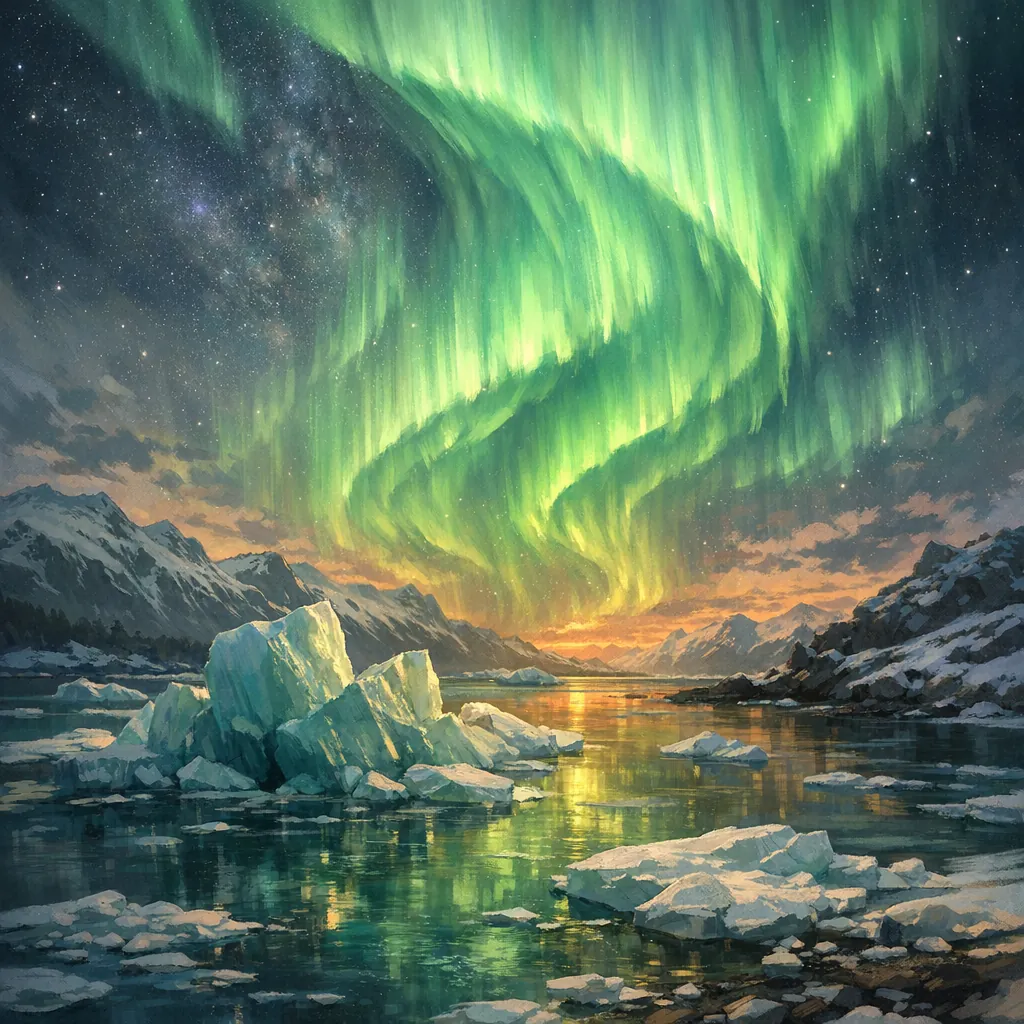 This online jigsaw puzzle features a breathtaking northern lights scene set over icy waters and rugged mountains, perfect for nature and sky lovers.