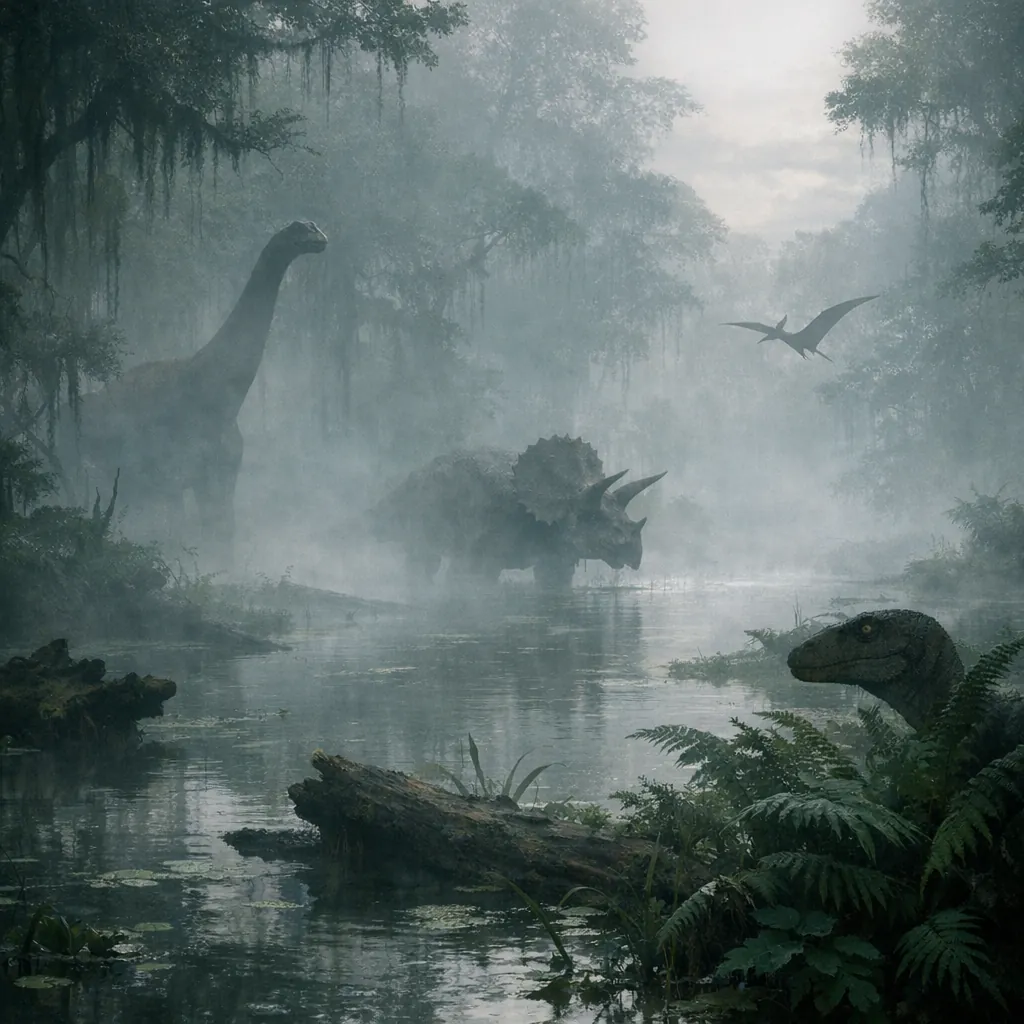 Enjoy an online jigsaw puzzle designed for browser play, featuring a misty prehistoric scene of dinosaurs in a swamp.